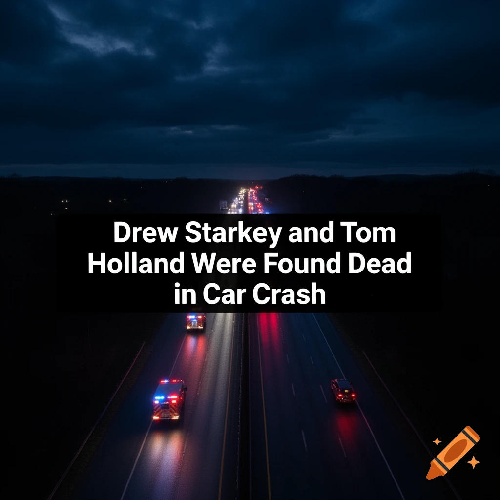 Overhead view of a highway at night with emergency vehicles, overlayed with a news headline about a car crash.