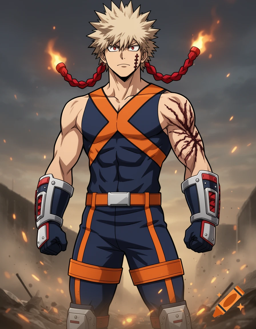 Muscular anime character Katsuki Bakugo with spiky blonde hair, red eyes, and scars on his face and arm, wearing a dark blue and orange sleeveless costume, standing in a fiery, ruined setting.