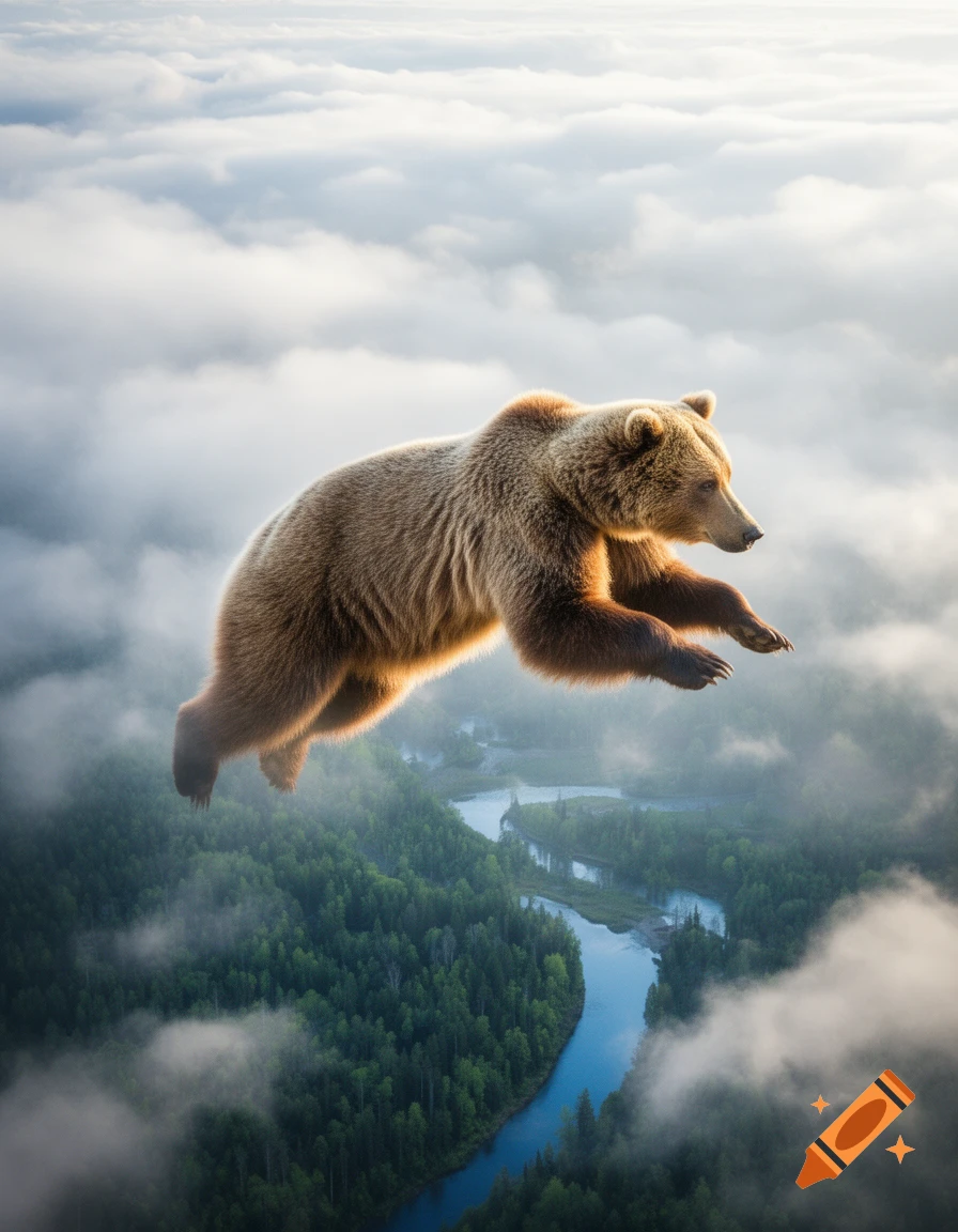 A majestic brown bear floats in the bright sky, soaring above a winding river nestled in a lush green forest, surrounded by fluffy white clouds.