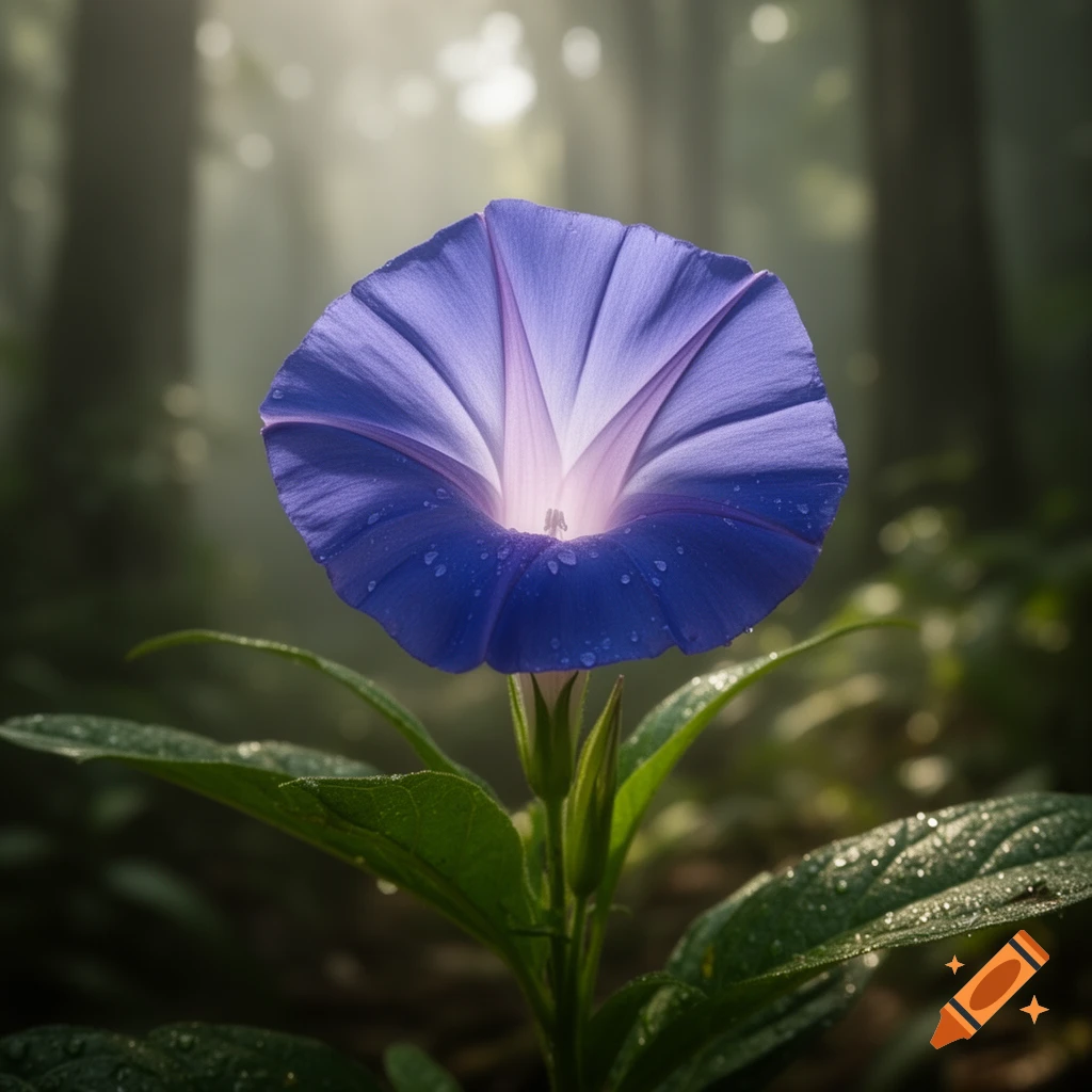 A vibrant blue-purple bell-shaped flower covered in dewdrops, brightly lit against a soft, misty forest background.