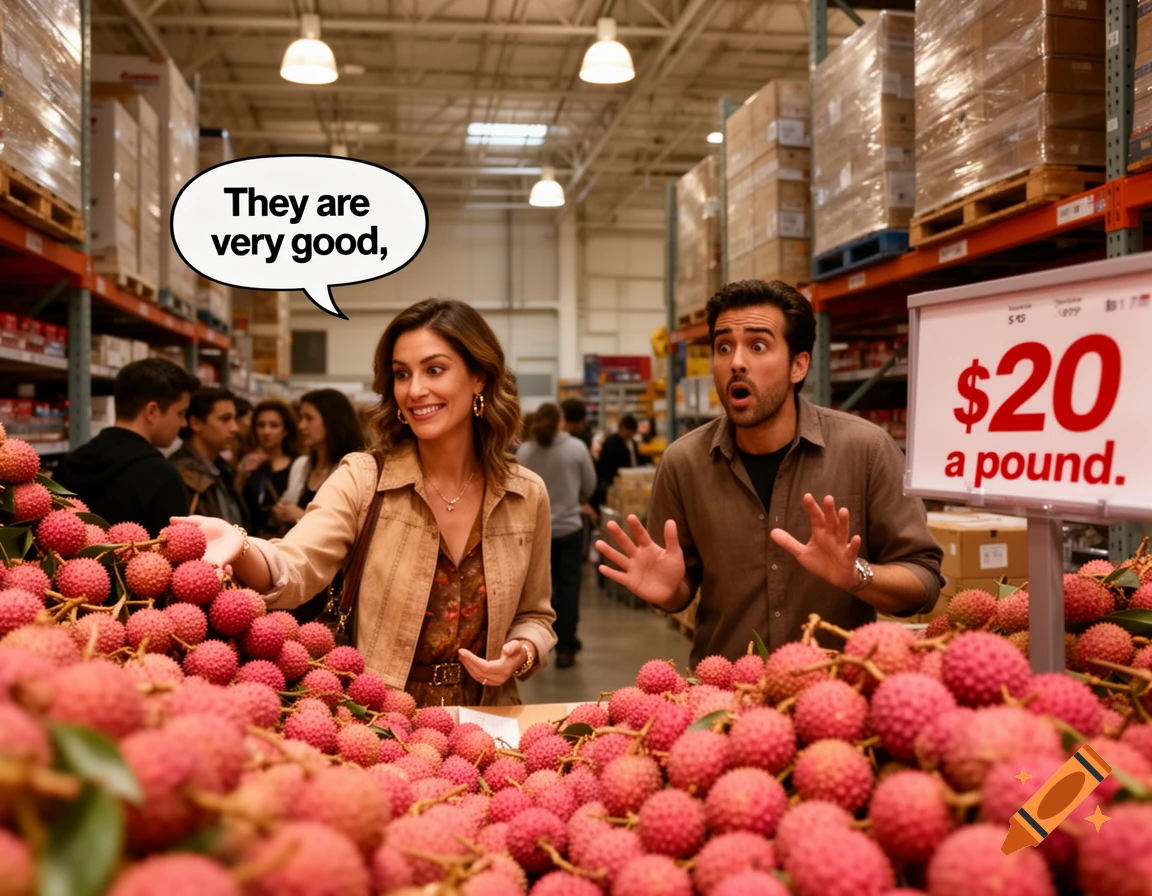 A woman samples lychees in a supermarket, saying "They are very good," while a man looks shocked at a price sign showing "$20 a pound."