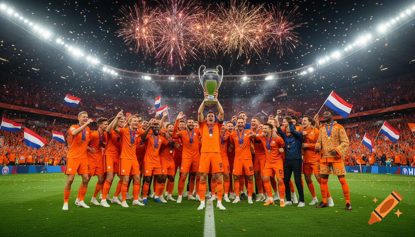 A Dutch football team in orange jerseys celebrates winning the UEFA trophy on a stadium pitch, surrounded by confetti and fireworks.
