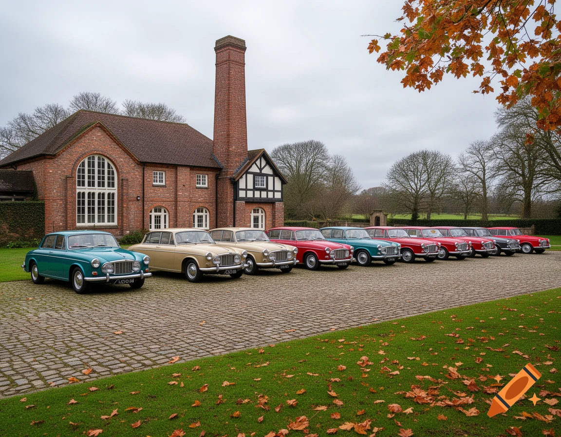 A line of vintage teal, beige, and red cars parked on a cobblestone drive in front of a brick building with autumn leaves.