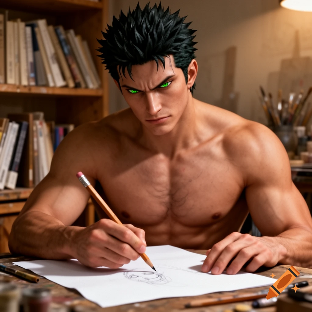 Muscular man with spiky black hair and glowing green eyes, shirtless, drawing on paper with a pencil at a wooden desk.