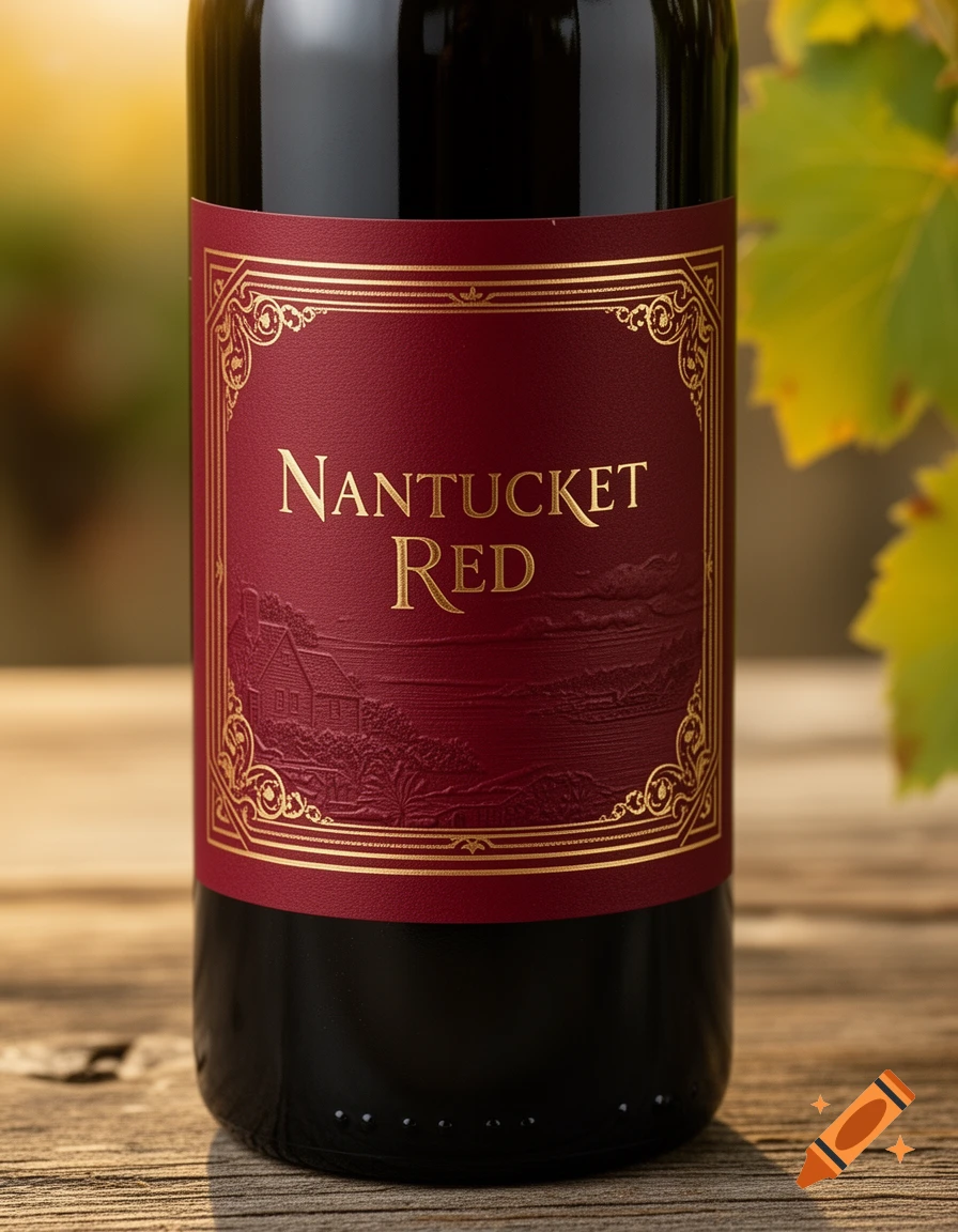 Close-up of a dark red wine bottle with a red and gold label displaying "NANTUCKET RED" on a wooden surface.