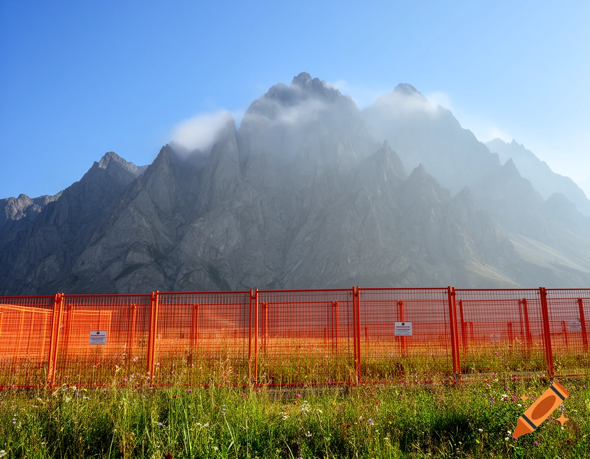 Photorealistic image of majestic, mist-shrouded mountains behind a bright orange construction fence and green grass with wildflowers.