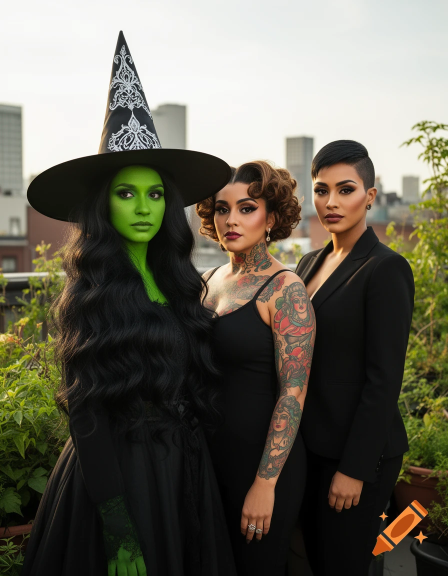 Photorealistic portrait of a green-skinned witch, a tattooed woman, and a businesswoman on a city rooftop.