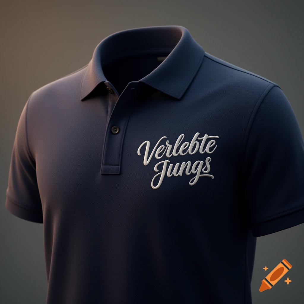 Photorealistic close-up of a dark blue polo shirt with white embroidered text 'Verlebte Jungs' on the chest.