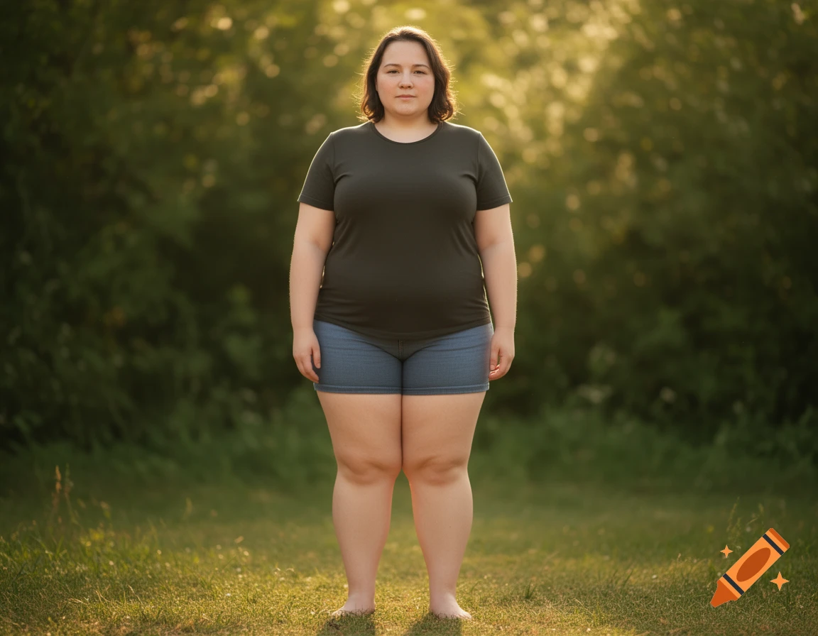 A woman with a compact, sturdy build, wearing a dark t-shirt and denim shorts, stands barefoot in a grassy field.