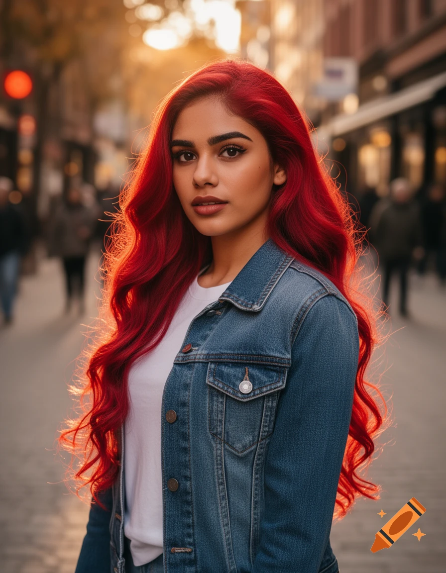 A woman with long, bright red hair and a denim jacket stands on a city street at sunset, looking directly at the viewer.