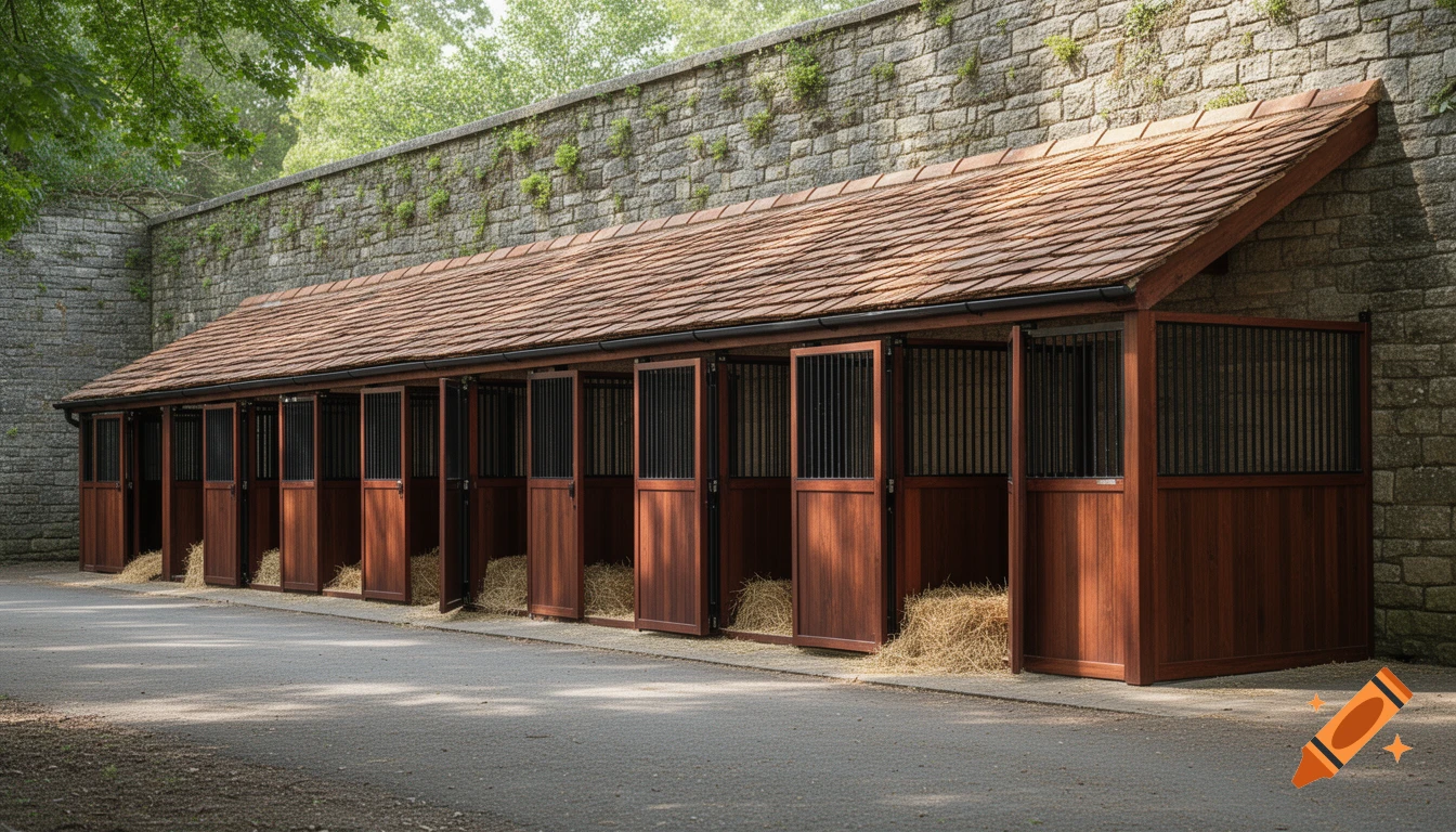 A row of wooden horse stalls with hay inside, backed by a stone wall under green trees.