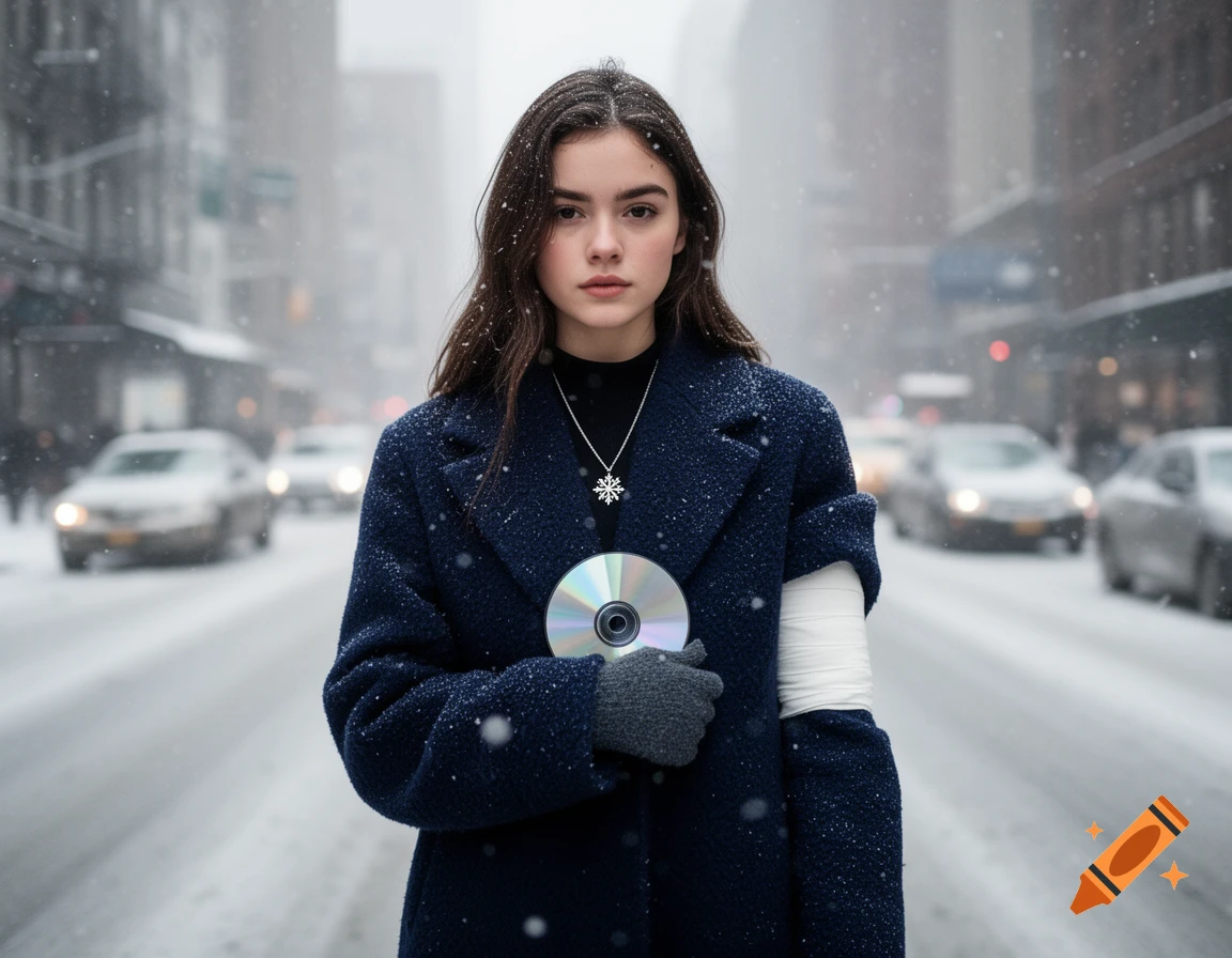 Photorealistic image of a young woman holding a CD, standing in a snowy urban street, wearing a dark coat and snowflake pendant, with a bandage on her arm.