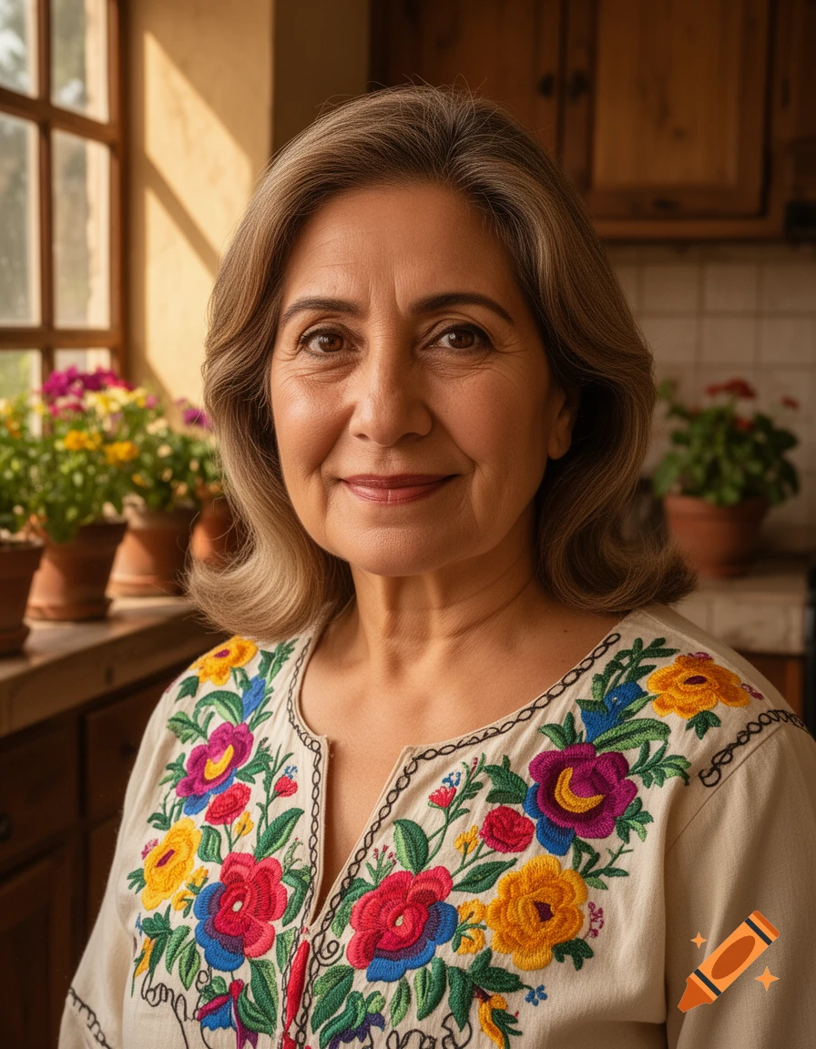 Smiling older woman with light brown hair, wearing a white blouse with colorful floral embroidery, in a sunlit room.