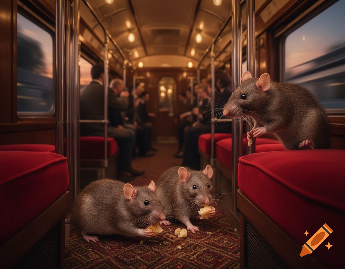 Photorealistic image of three rats eating crumbs on the floor and seats of a vintage train car, with blurred passengers in the background.