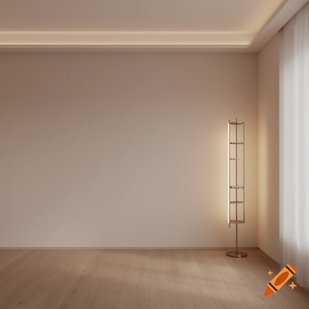 Minimalist room with light walls, wooden floor, and a tall lamp with shelving in the corner.