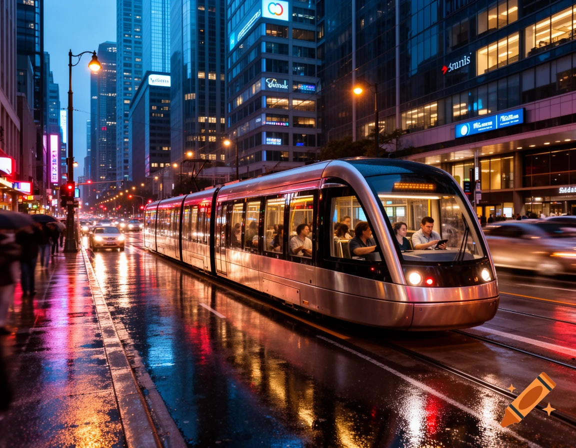 Modern tram on a wet city street at night, reflecting neon lights from surrounding tall buildings, photorealistic.