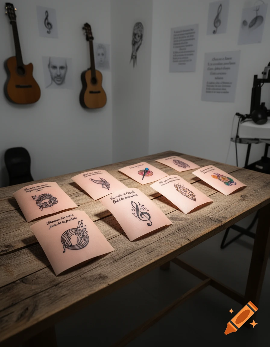 A room with two acoustic guitars hanging on a white wall, alongside sketches and papers. A wooden table holds several cards with musical notes and text.