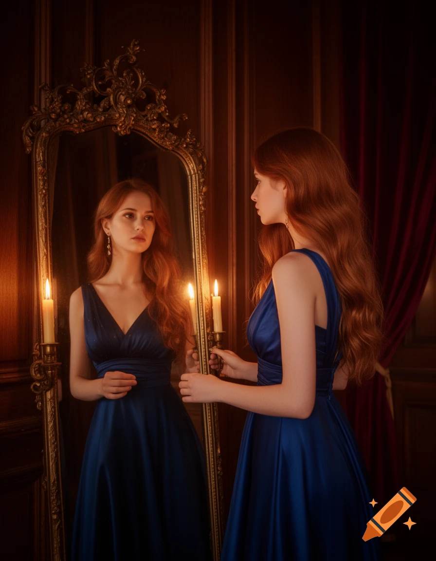 A woman in a blue dress looks at her reflection in a vintage mirror, illuminated by candles in a dark room.
