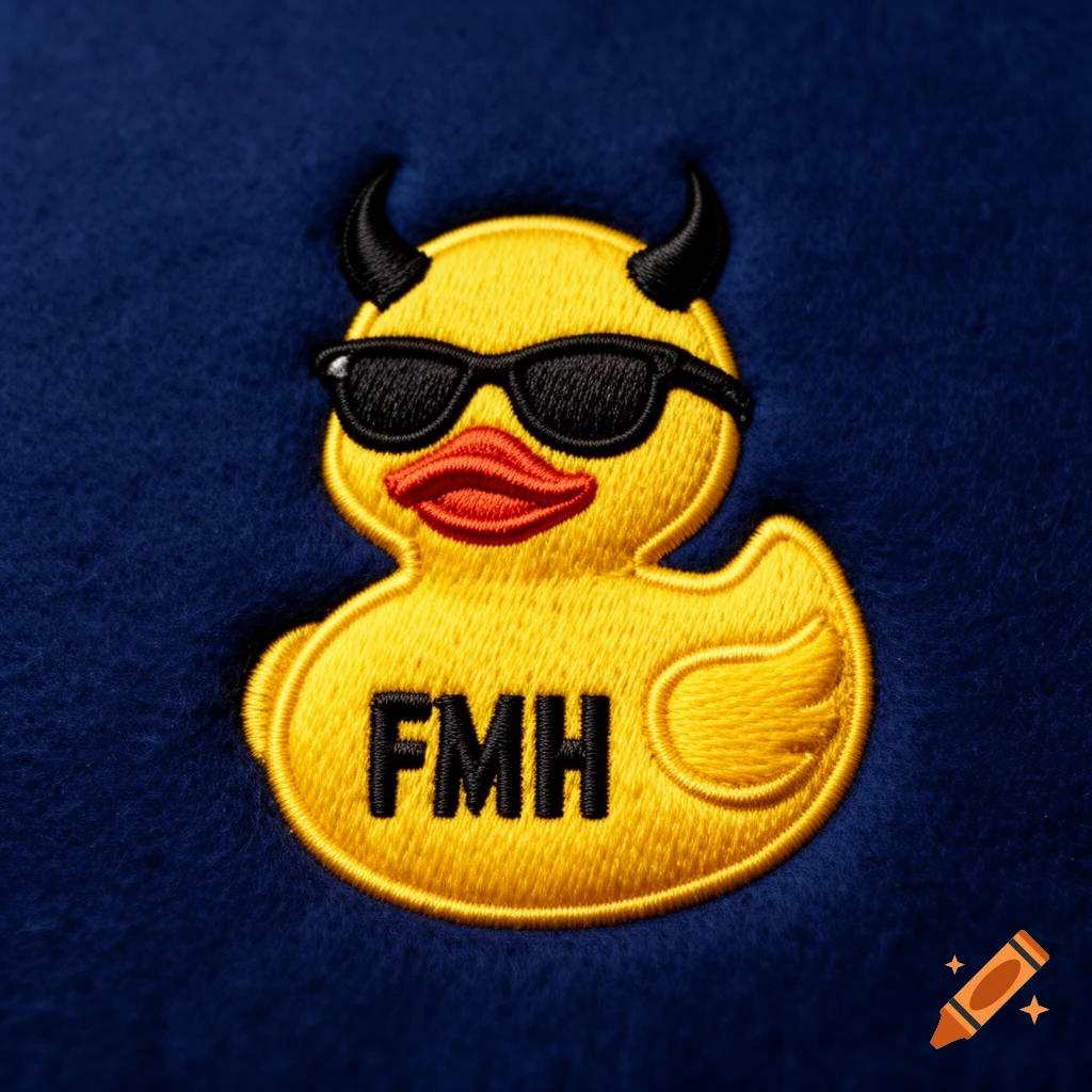 An embroidered patch of a yellow rubber duck with black devil horns and sunglasses, with 'FMH' on its chest, on a blue fabric background.