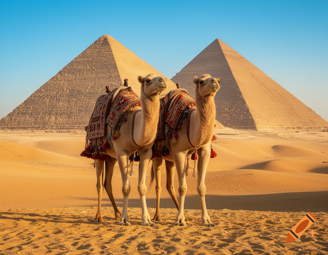 Two camels adorned with colorful blankets stand in a sandy desert foreground with two large pyramids under a clear blue sky.