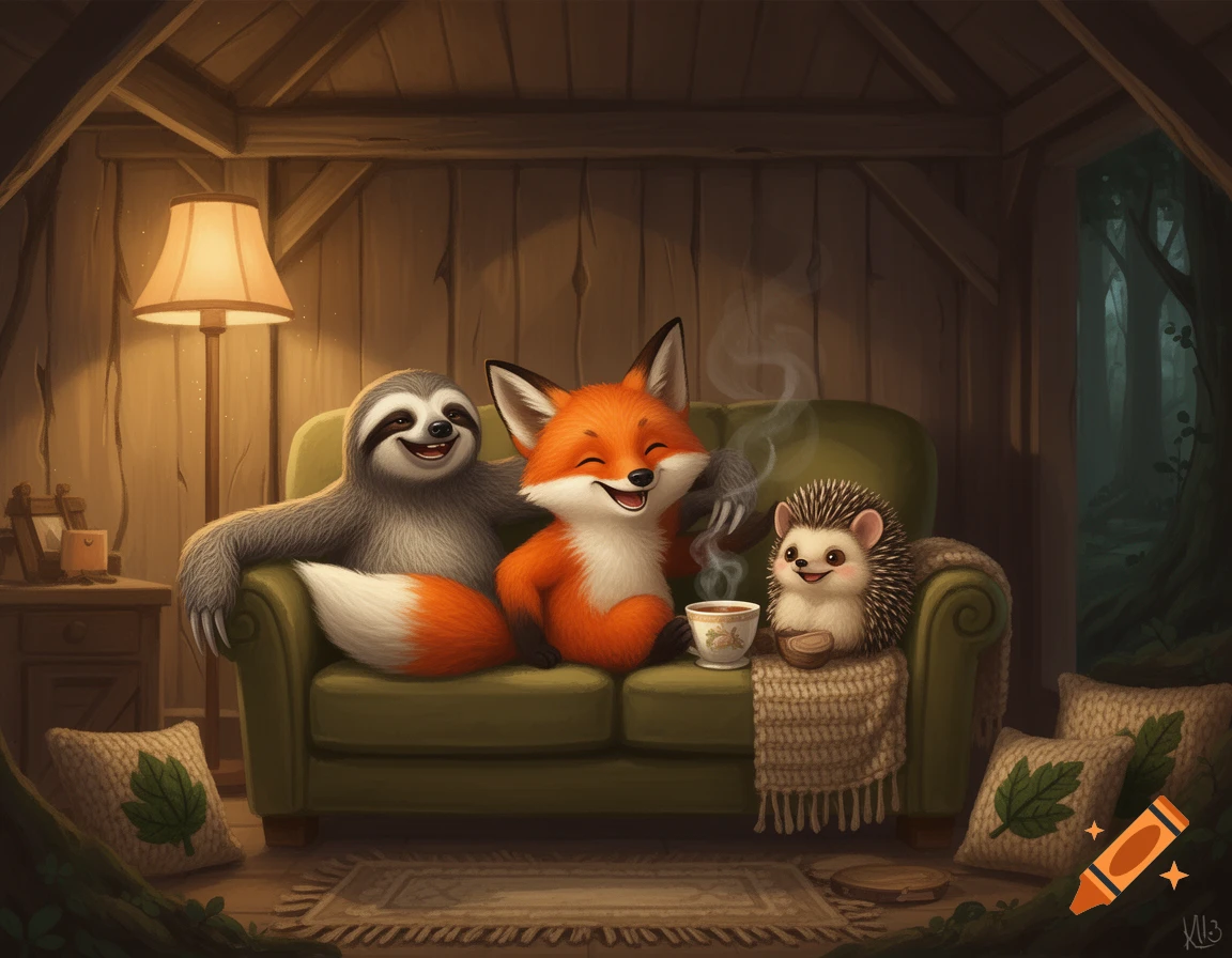A cartoon fox, sloth, and hedgehog smile on a couch in a cozy wooden cabin, drinking tea.