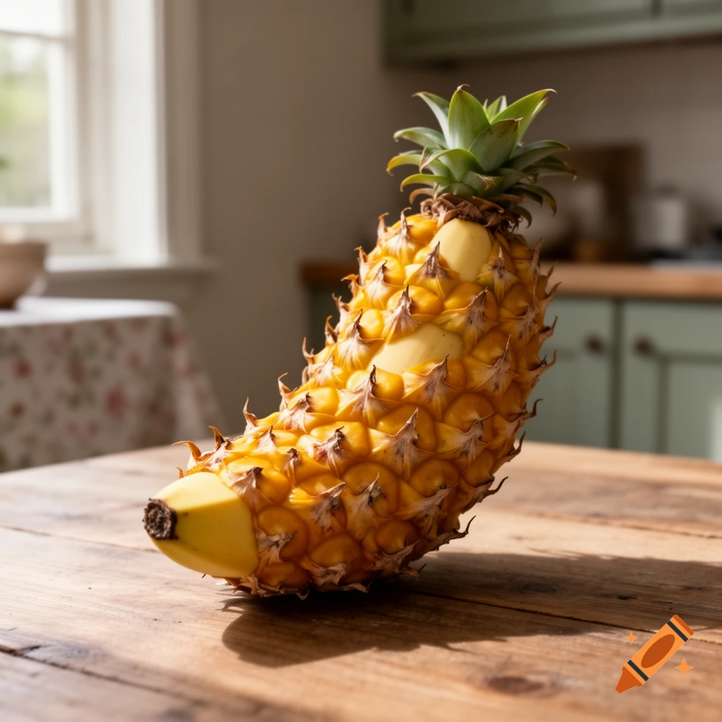 A photorealistic banana with pineapple skin sits on a wooden kitchen table.