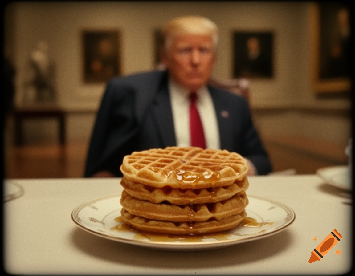 A blurry image of Donald Trump in a suit behind a stack of syrup-covered waffles on a table.