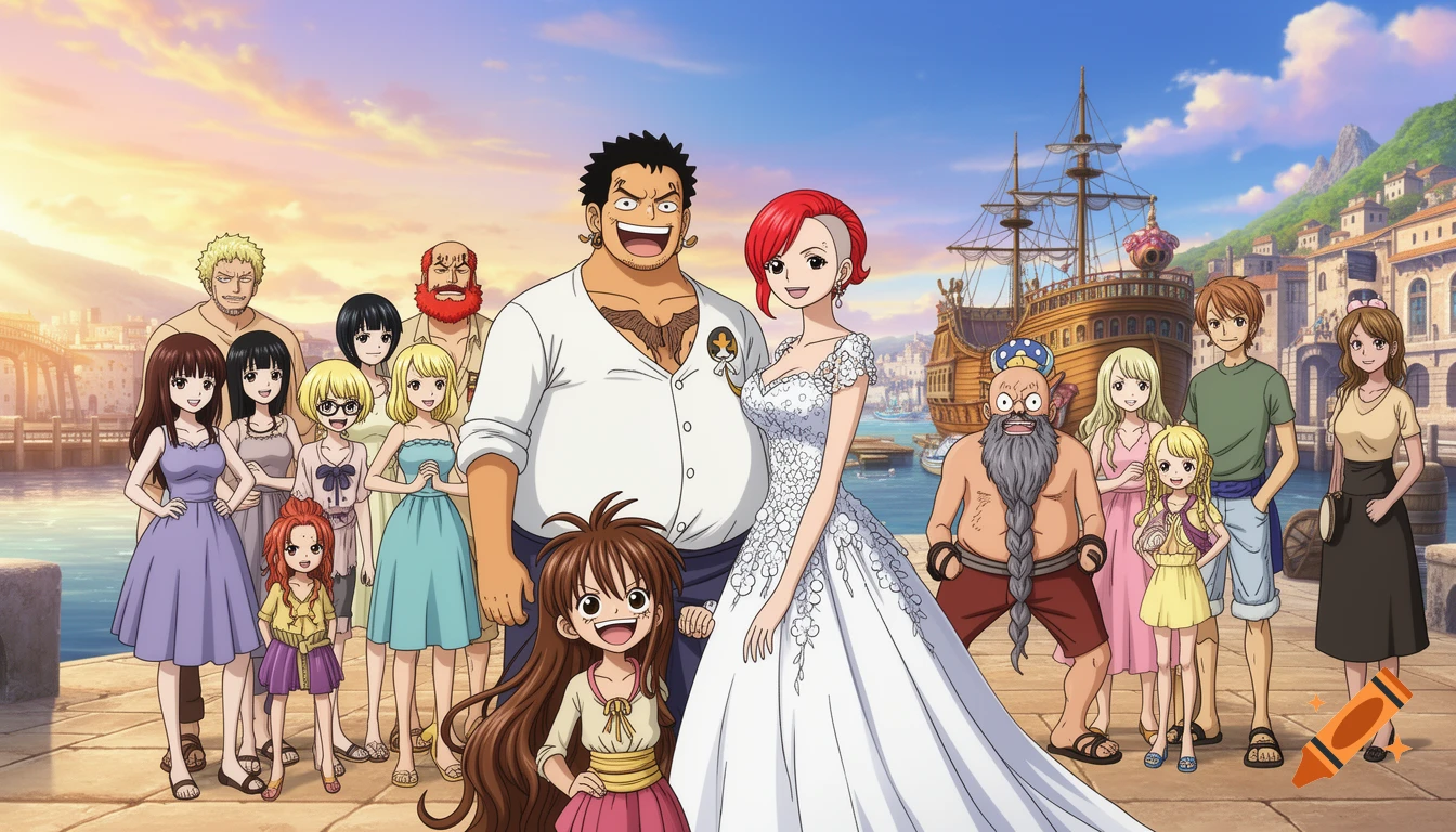 A large group of anime characters, including a bridal couple and children, stand smiling on a pier at a bustling harbor with a large ship under a sunset sky.