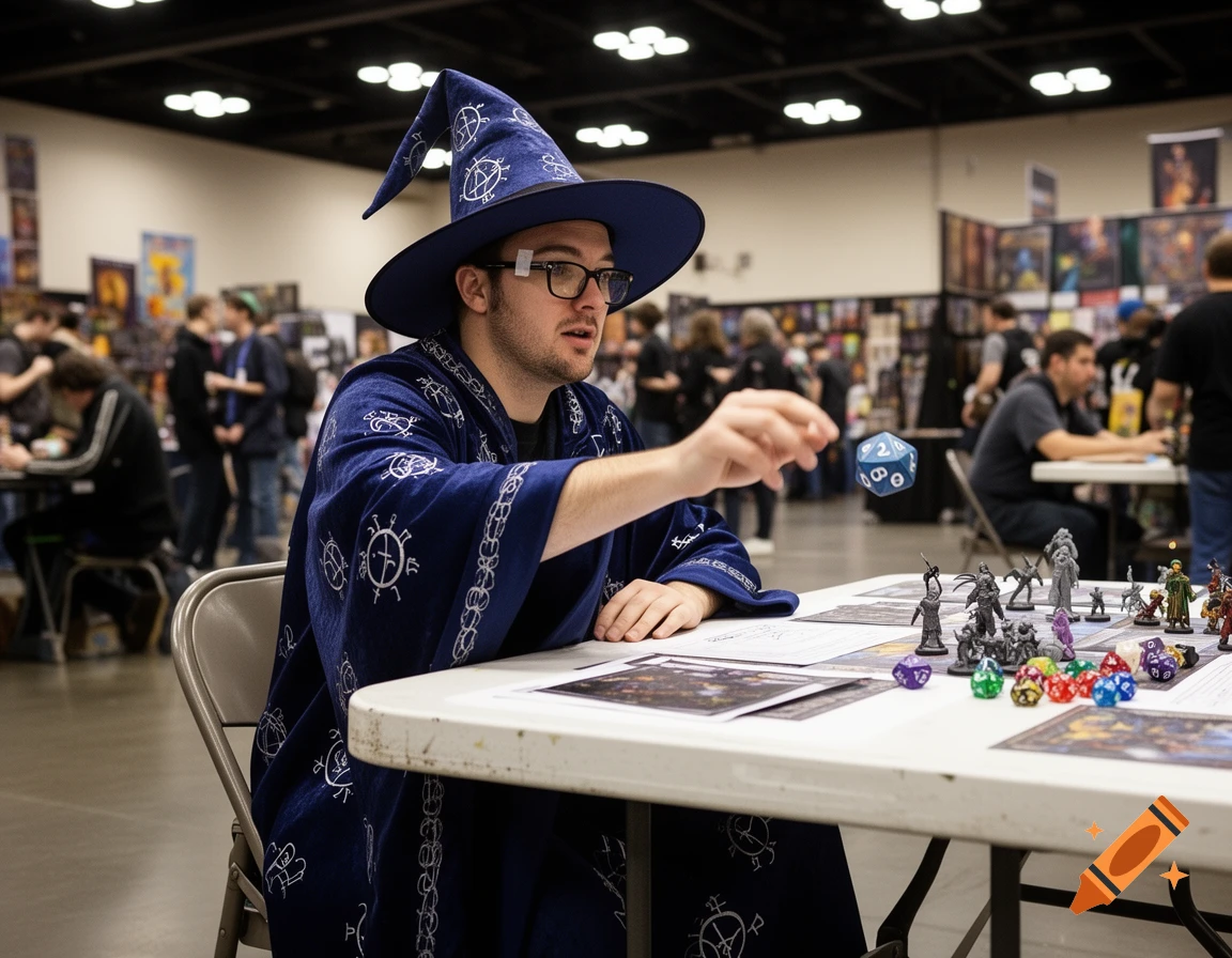 A man in a blue wizard robe and hat rolls a D20 dice over a table with fantasy miniatures and other dice at a convention.