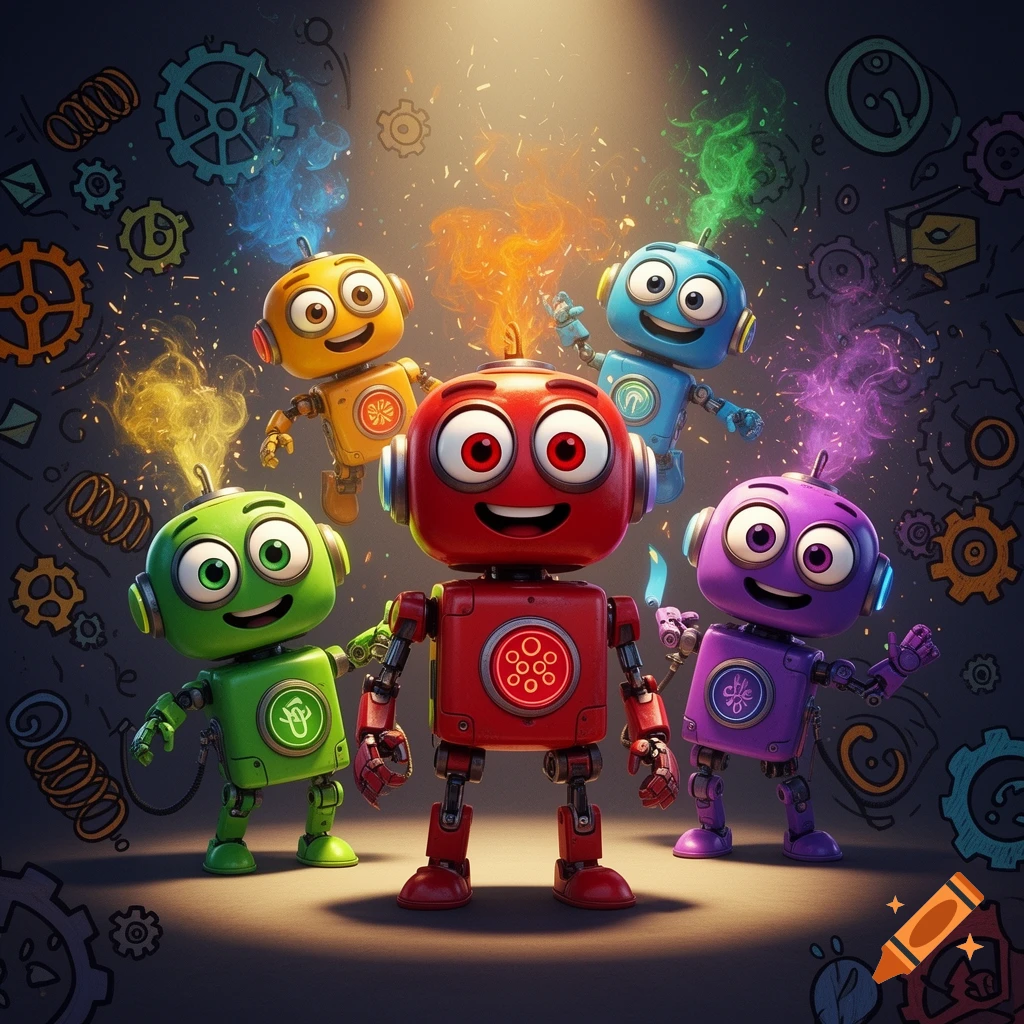 Five cheerful, colorful robots with large eyes stand under a spotlight, surrounded by floating gears and glowing particles.