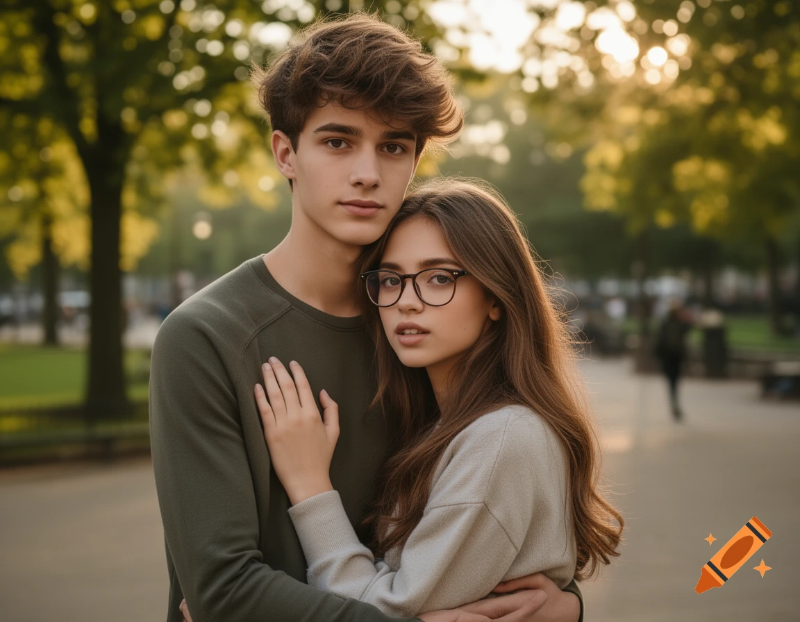 A photorealistic portrait of a young man and woman embracing outdoors in a park with sunlight filtering through trees.