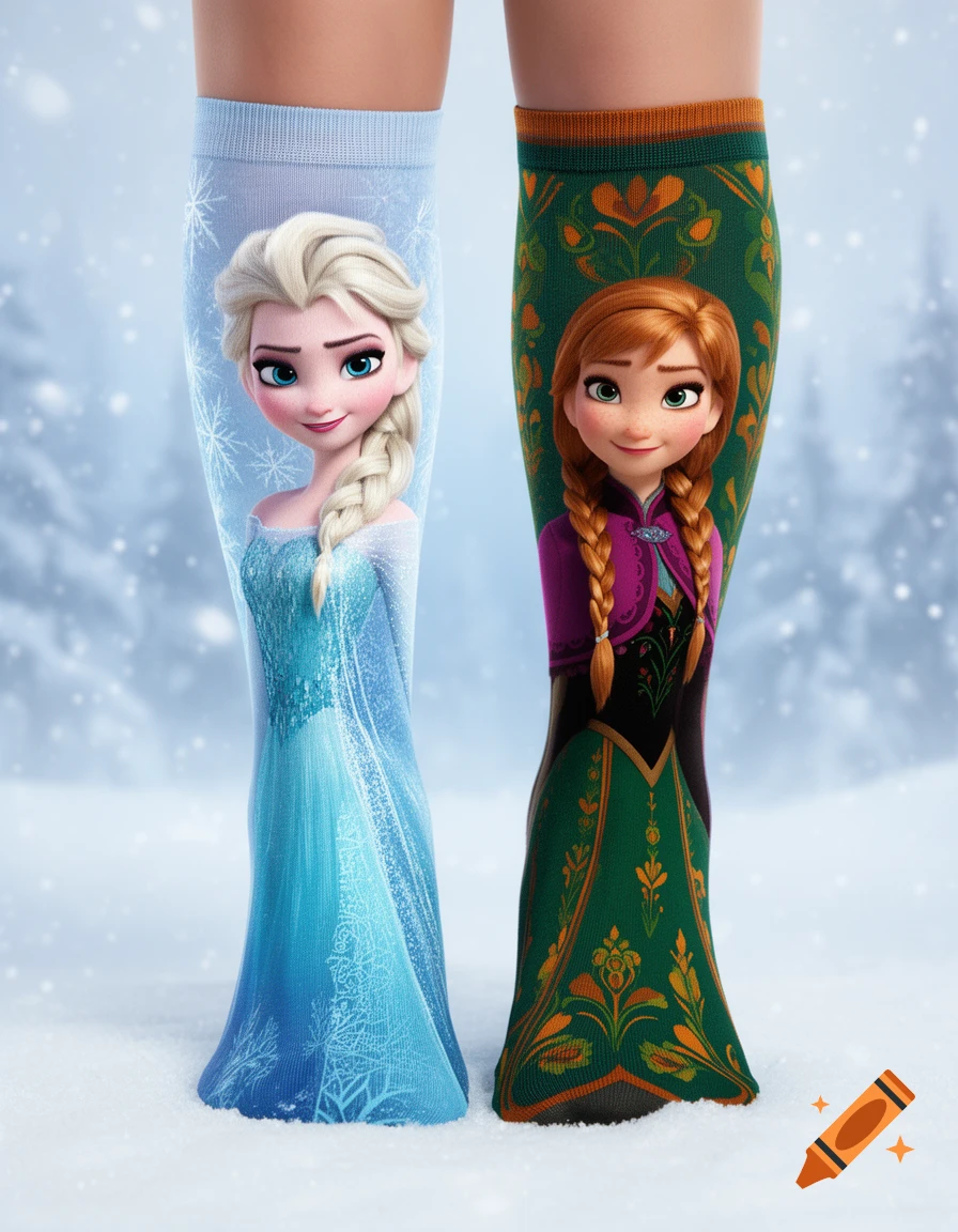 Two legs wearing tall socks featuring full-body illustrations of Disney's Elsa on the left and Anna on the right, standing in a snowy landscape.