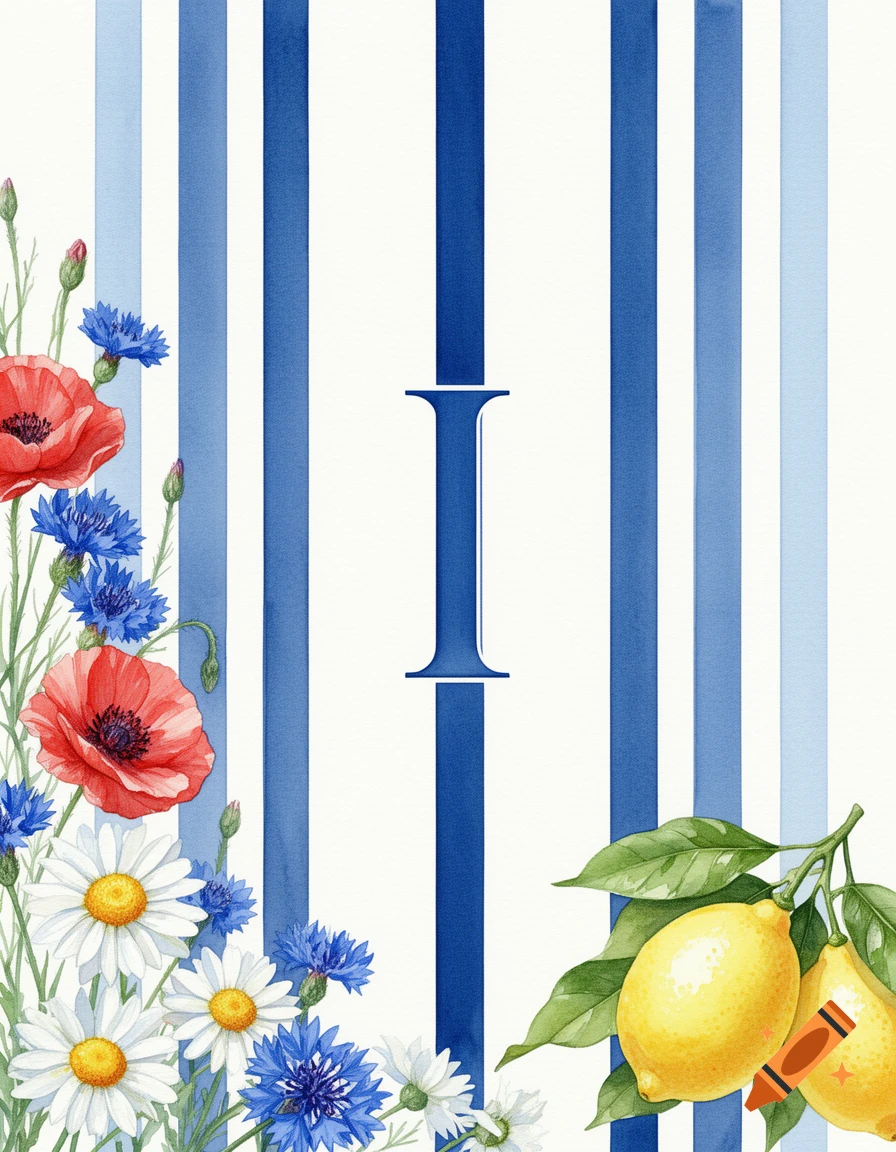 Watercolor illustration featuring a large blue letter I on a blue and white striped background, surrounded by poppies, cornflowers, daisies, and lemons.