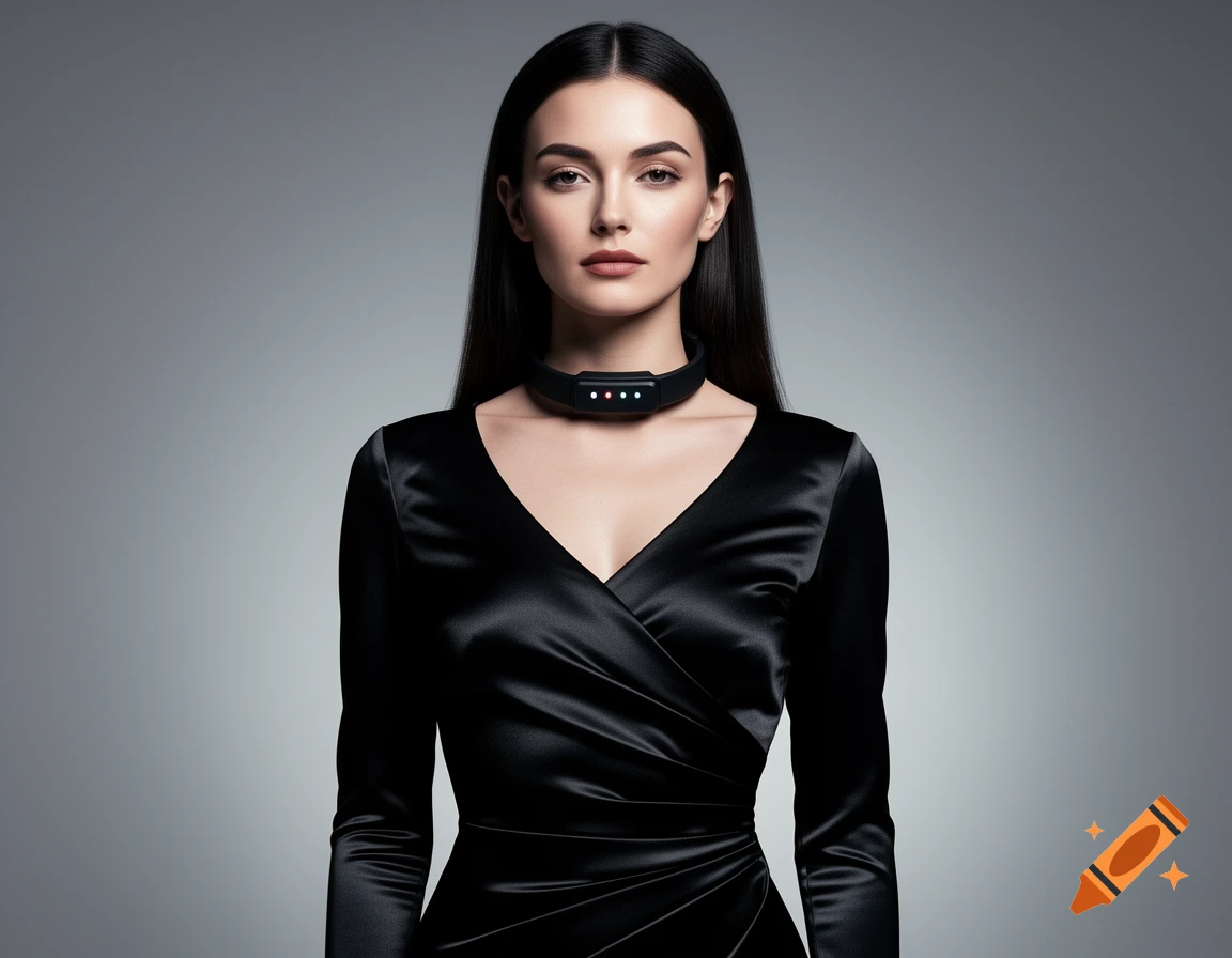 A photorealistic portrait of a woman with long dark hair in a black satin dress and a futuristic collar device.