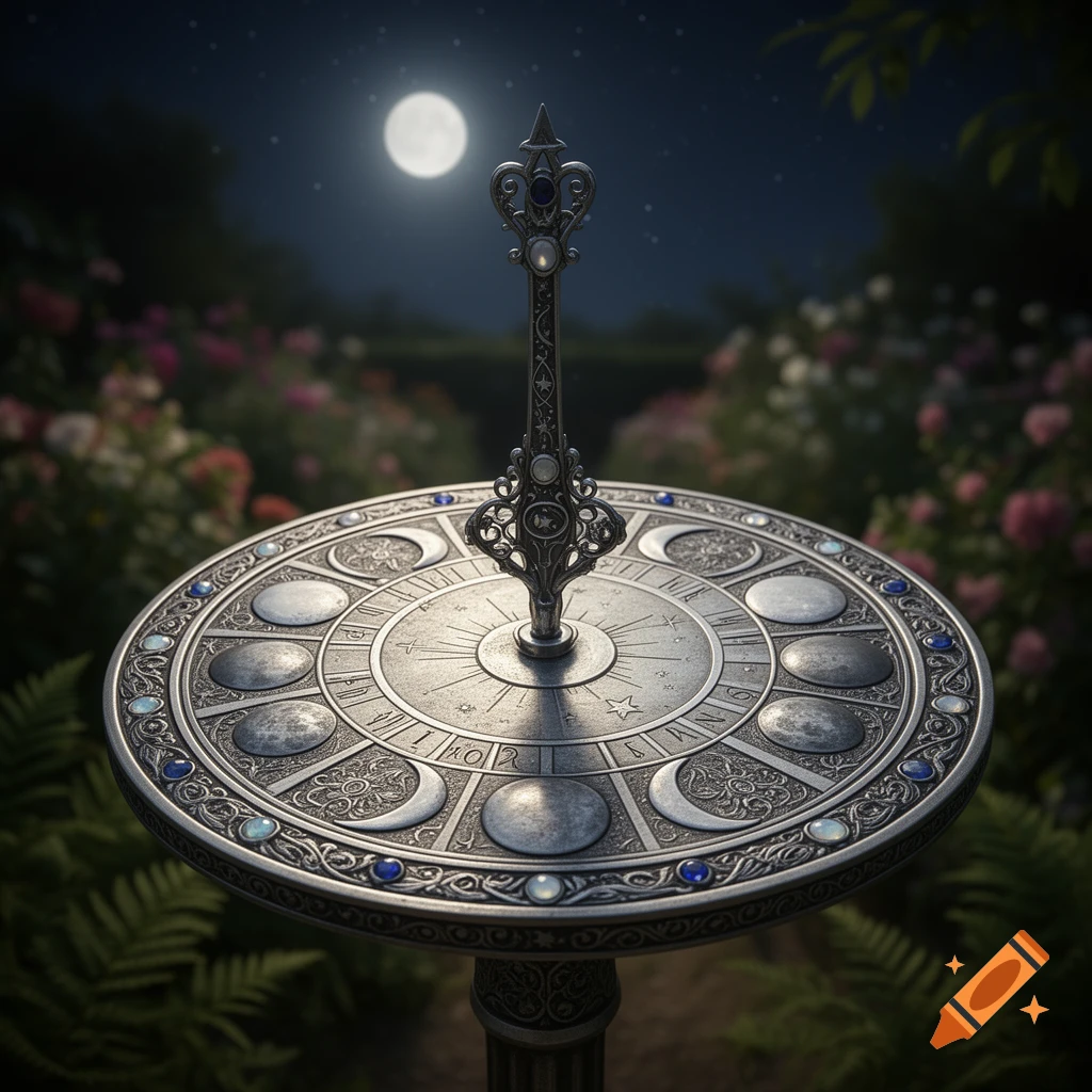 An ornate, silver moon dial with celestial and crescent moon designs, set in a mystical garden under a full moon at night.