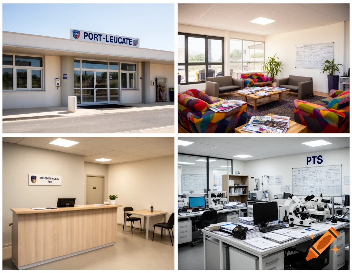 A four-panel image of a police station: exterior, colorful waiting room, wooden reception desk, and an office with microscopes and computers.
