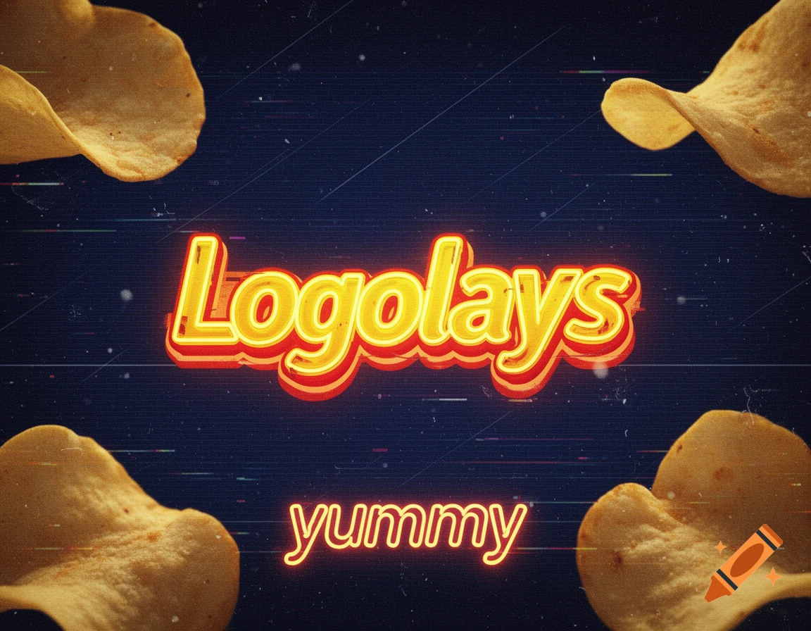Neon Logolays and yummy text with potato chips on a dark background with VHS effect.