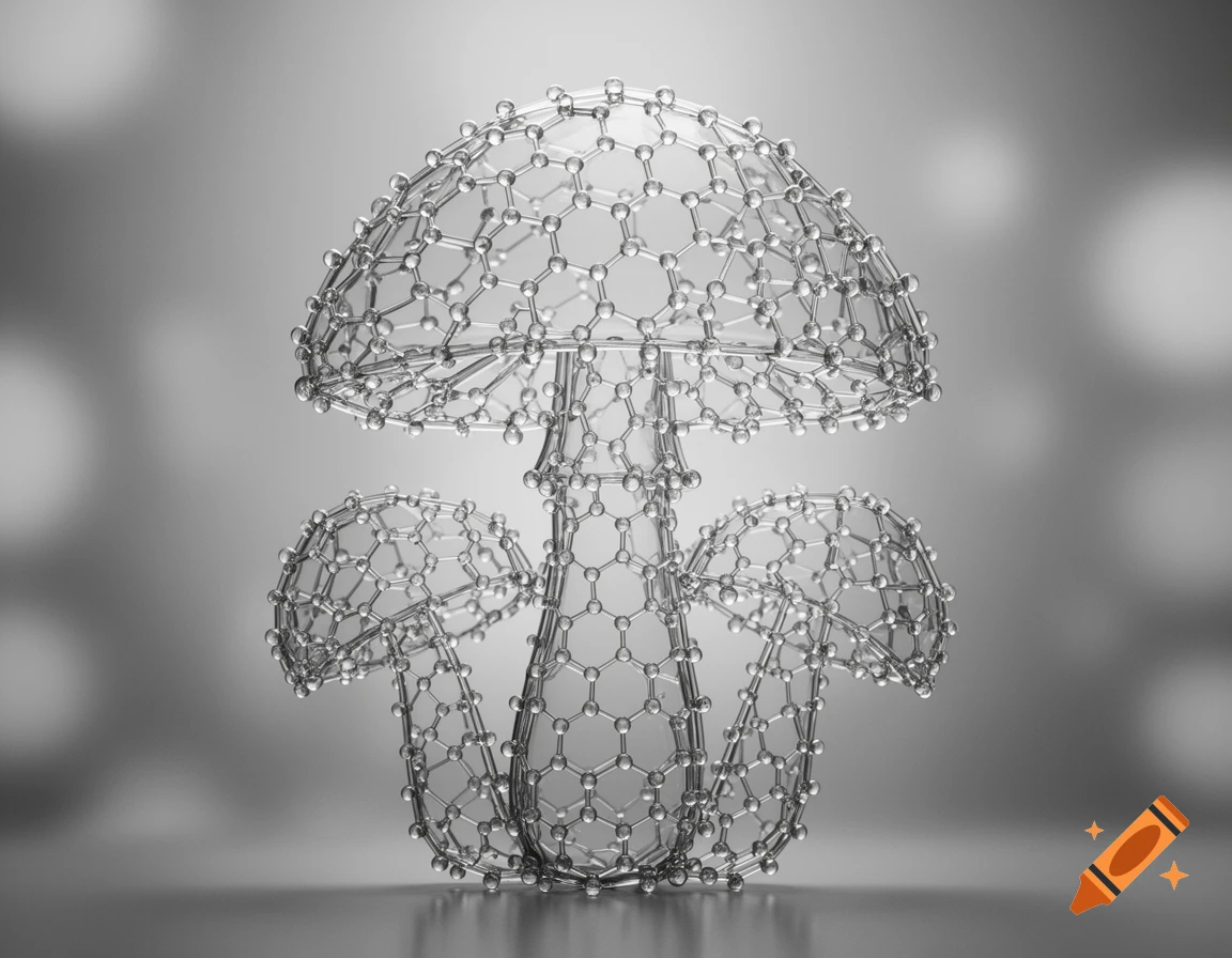 Mushroom-shaped chemical structures made of clear hexagonal lattices, rendered in 3D on a gray background.