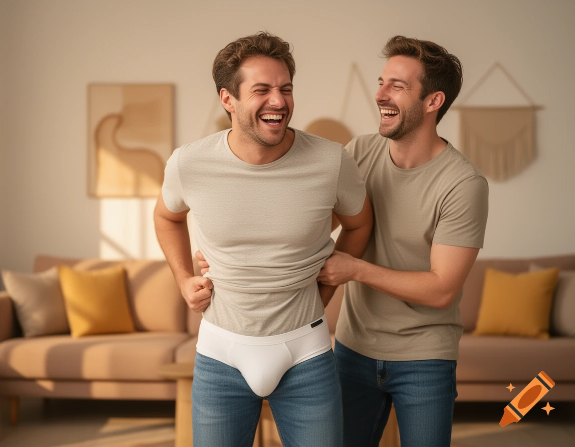 Two men laughing, one giving the other a wedgie, revealing white briefs in a bright living room.