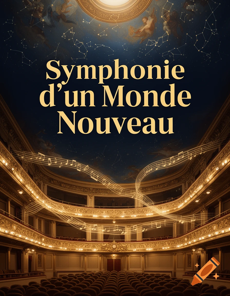 A grand theatre with a celestial ceiling, adorned with musical notes and golden text "Symphonie d'un Monde Nouveau".