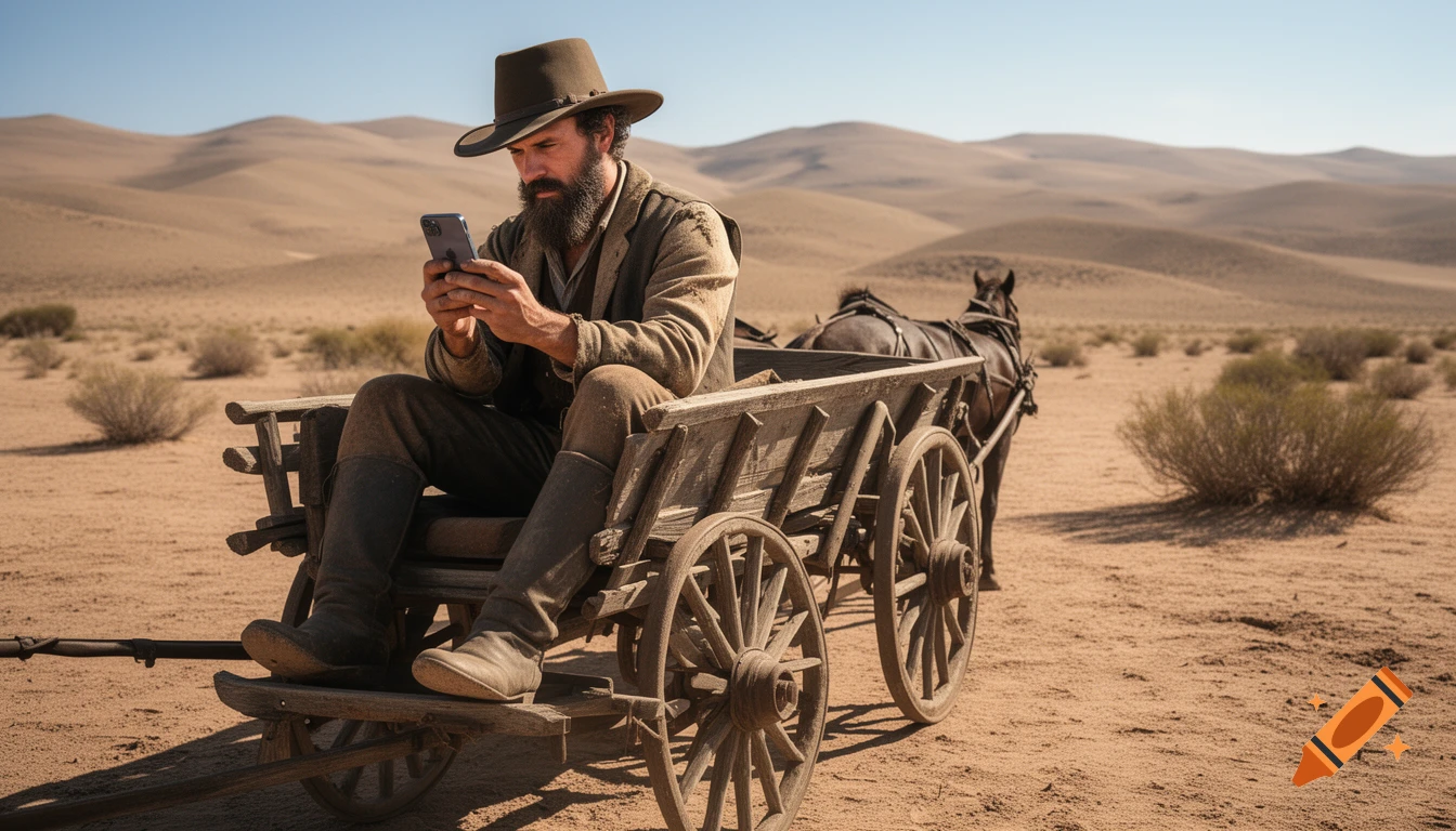Bearded man in Wild West attire sits in a wooden wagon, looking at a modern smartphone in a vast desert landscape.