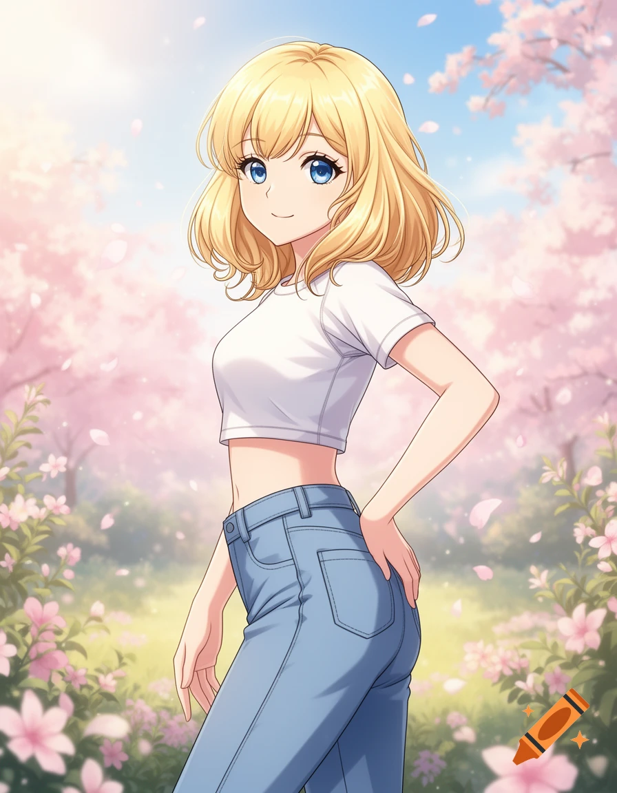 A smiling blonde anime girl in a white crop top and blue jeans, posing in a field of pink flowers under a clear sky.
