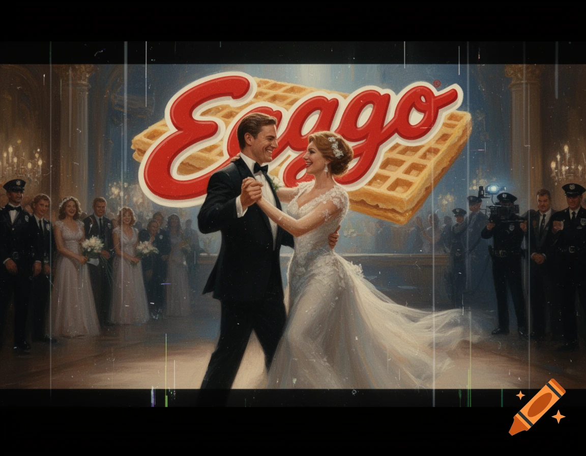 A couple dances at their wedding reception with a giant Eggo waffle logo floating behind them, in a vintage VHS style.