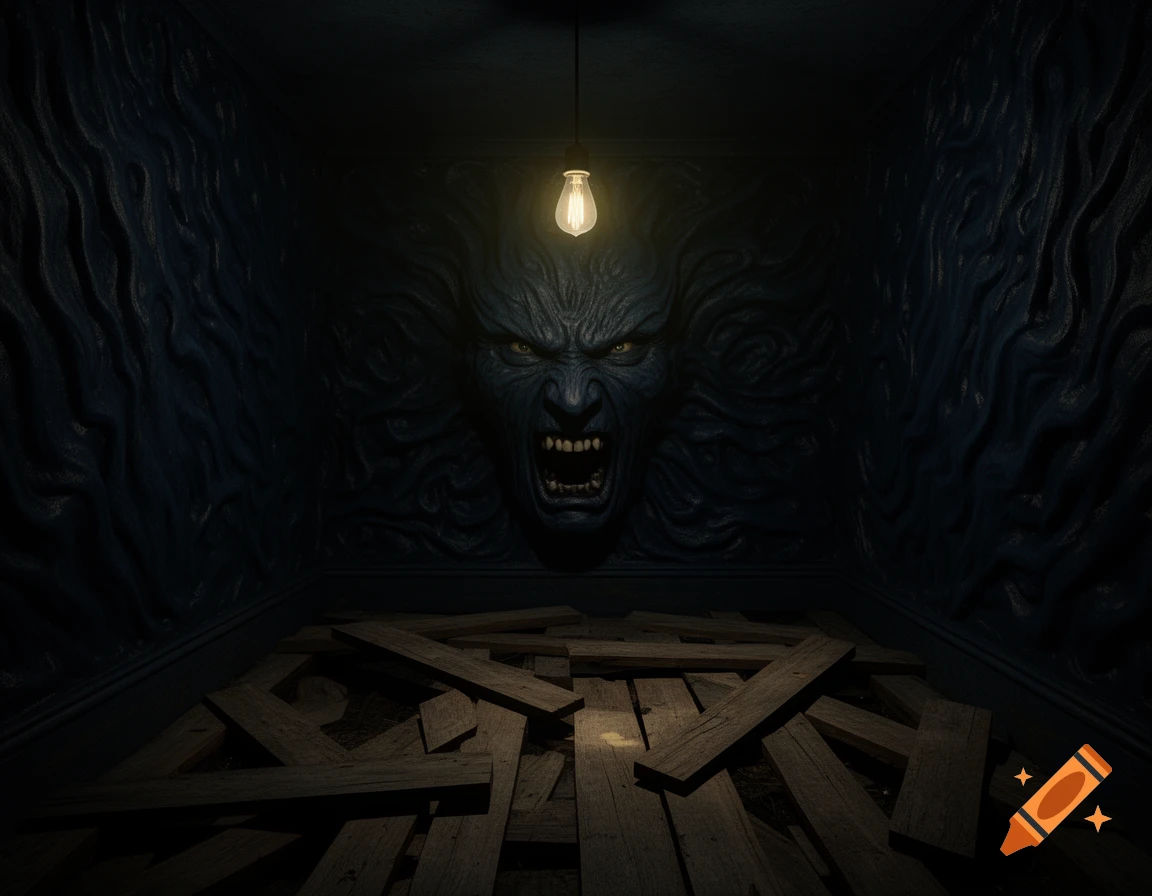 A terrifying, dark room with a monstrous, angry face emerging from a textured wall, lit by a single hanging light bulb over scattered wooden planks.