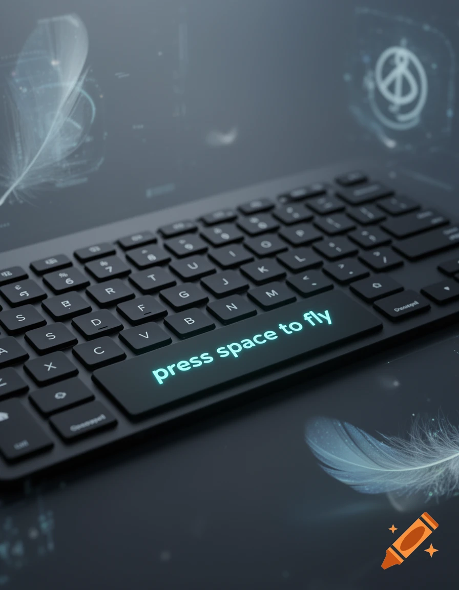 Close-up of a black keyboard with the spacebar glowing, displaying 'press space to fly,' surrounded by softly lit feathers.