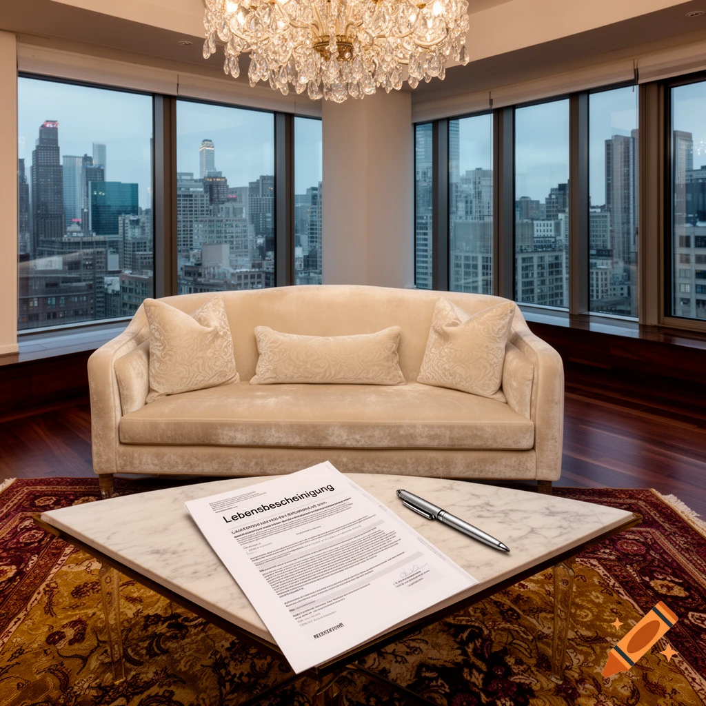 Luxurious apartment with a beige sofa, crystal chandelier, marble coffee table with a document and pen, and large windows revealing a cityscape.