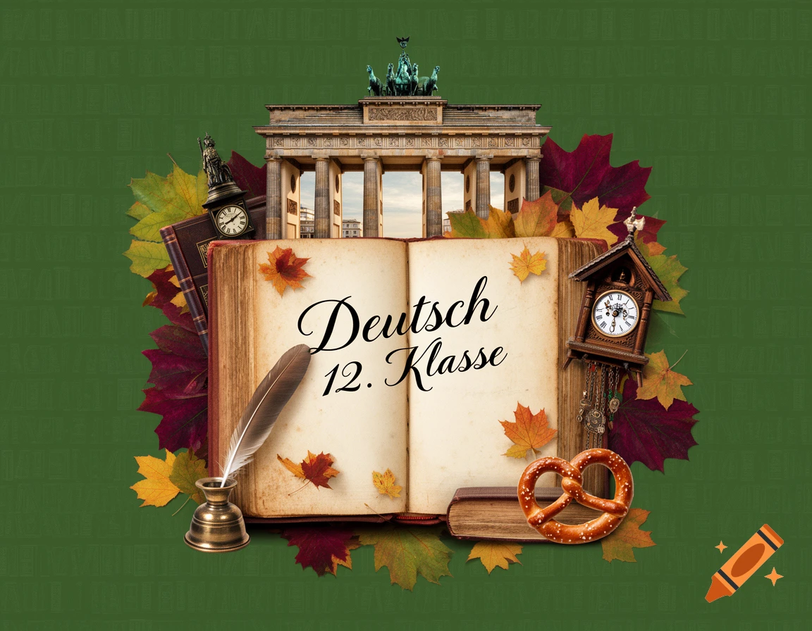 An open book titled 'Deutsch 12. Klasse' surrounded by autumn leaves, a quill, clocks, a pretzel, and the Brandenburg Gate, on a green background.