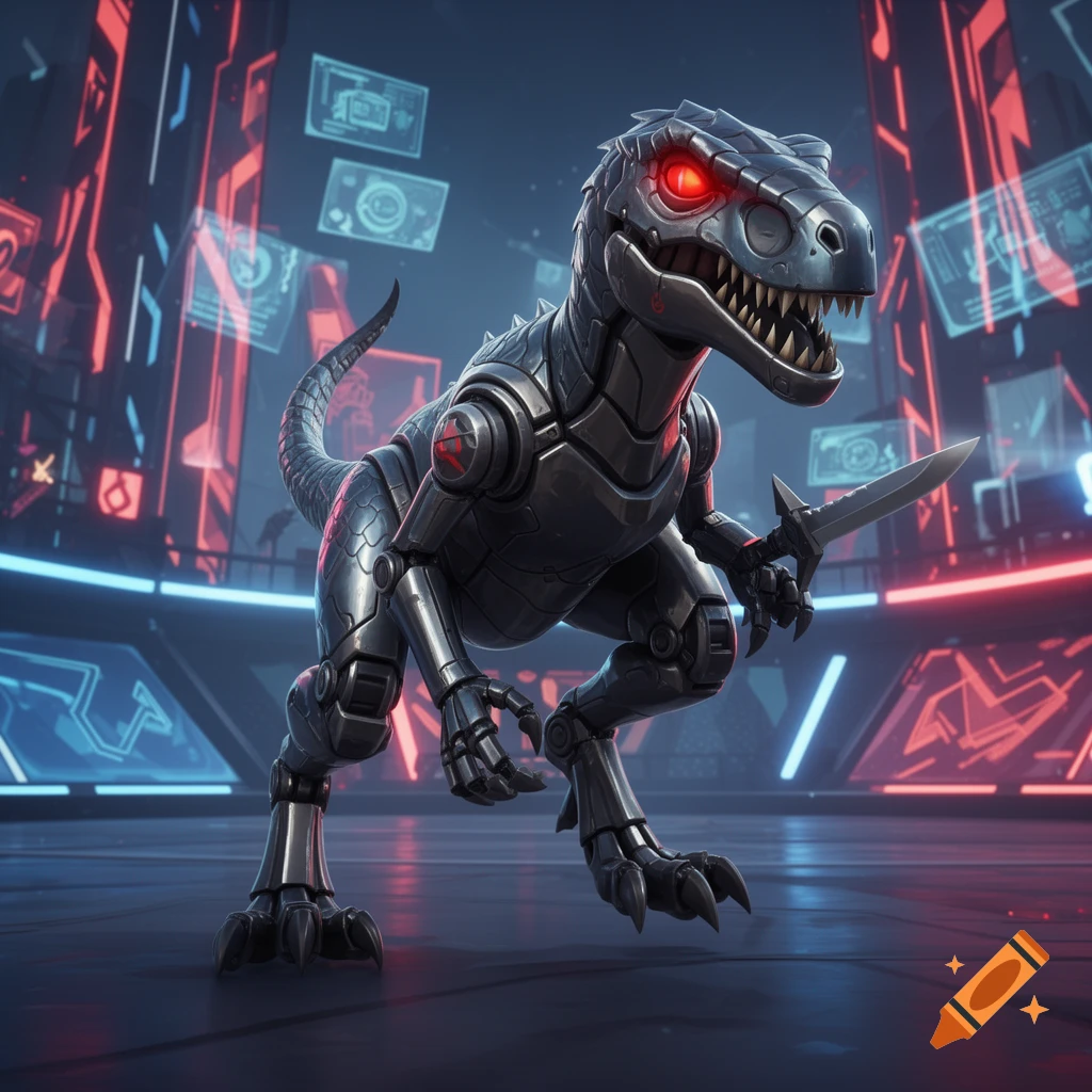 A stylized robotic velociraptor with glowing red eyes and sharp teeth holds a blade, standing in a futuristic city arena.