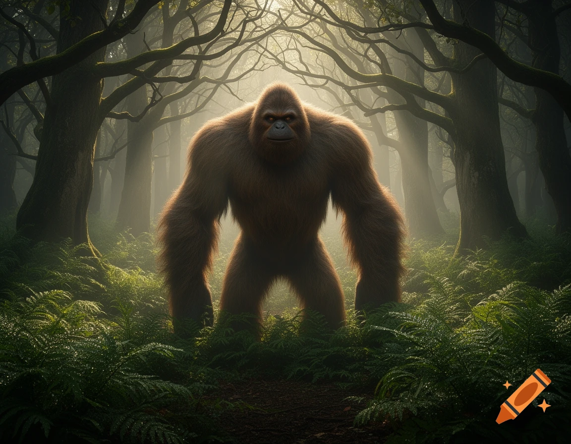A photorealistic image of a large, hairy Sasquatch standing in a misty, sunlit forest with dense ferns.