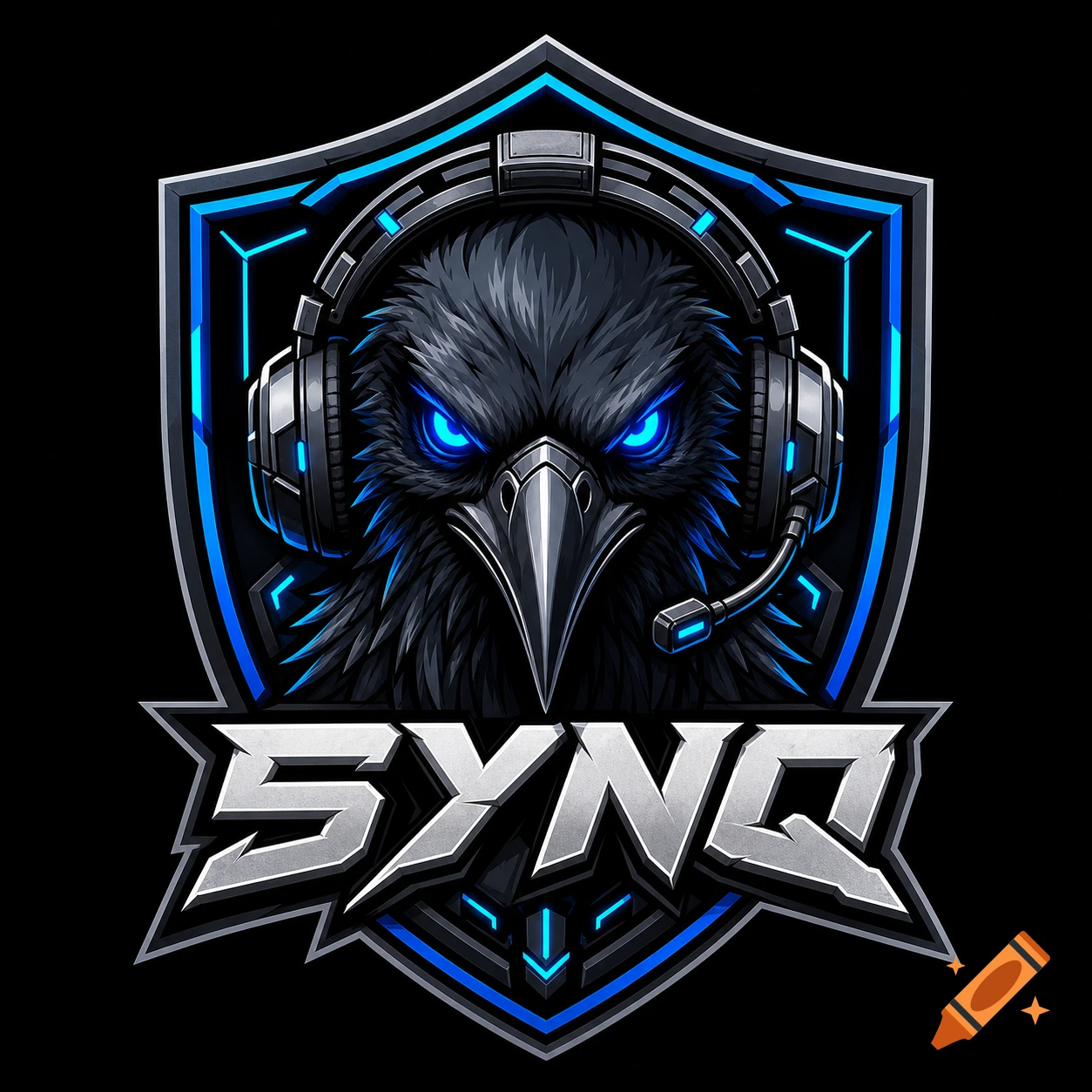 Esports logo with a fierce raven head wearing a gaming headset, glowing blue eyes, inside a shield emblem, with 'SYNQ' text.
